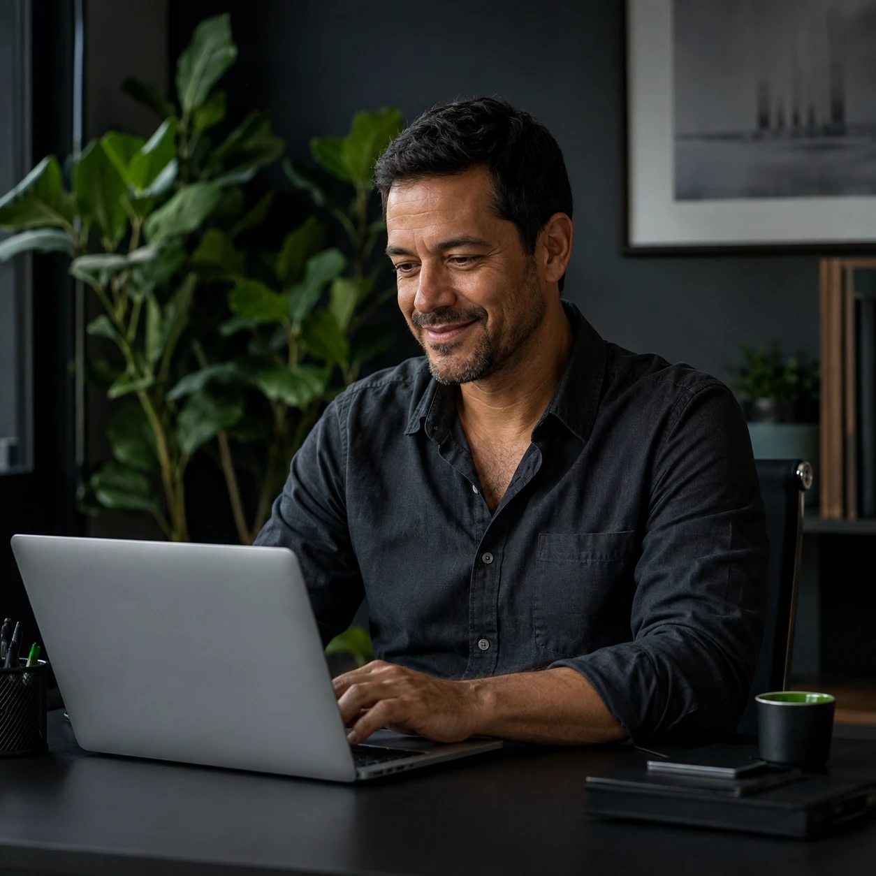 Empresário trabalhando com tranquilidade em seu notebook em um escritório com plantas